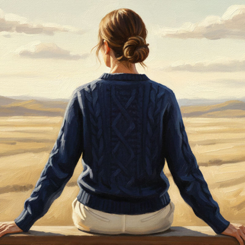 Painting of a woman seen from behind, sitting on a wooden rail and looking out over open grassland