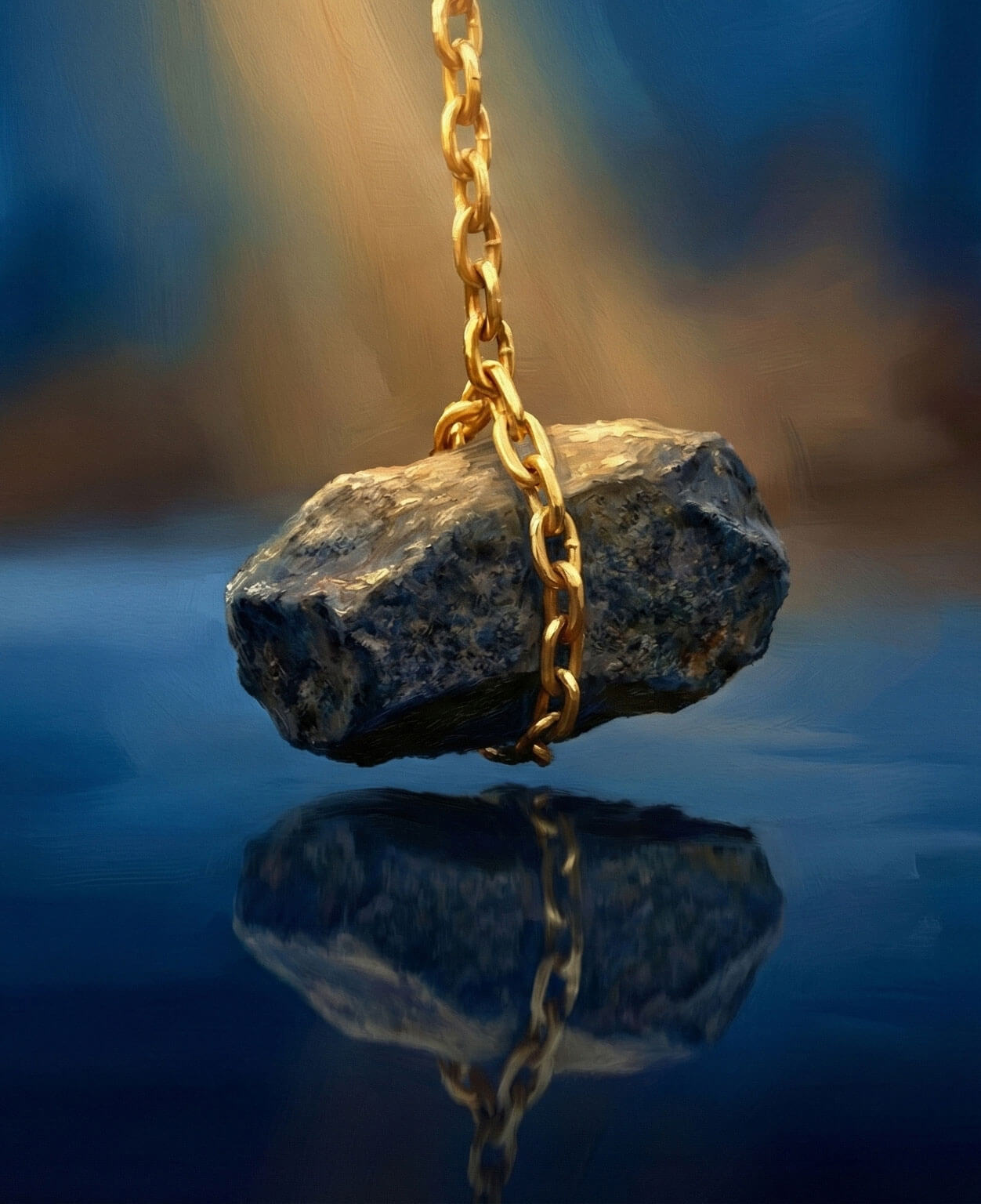 Painting of a rough stone wrapped in a gold chain, hanging over still water